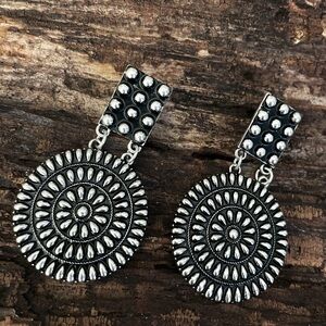 Western Silver Textured Concho Earrings